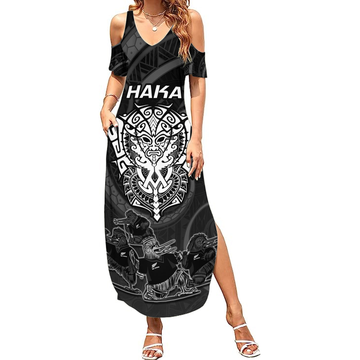 Personalised New Zealand Rugby Summer Maxi Dress Aotearoa Ka Mate Haka All Black Mix Ta Moko White Style LT9 Women White - Polynesian Pride