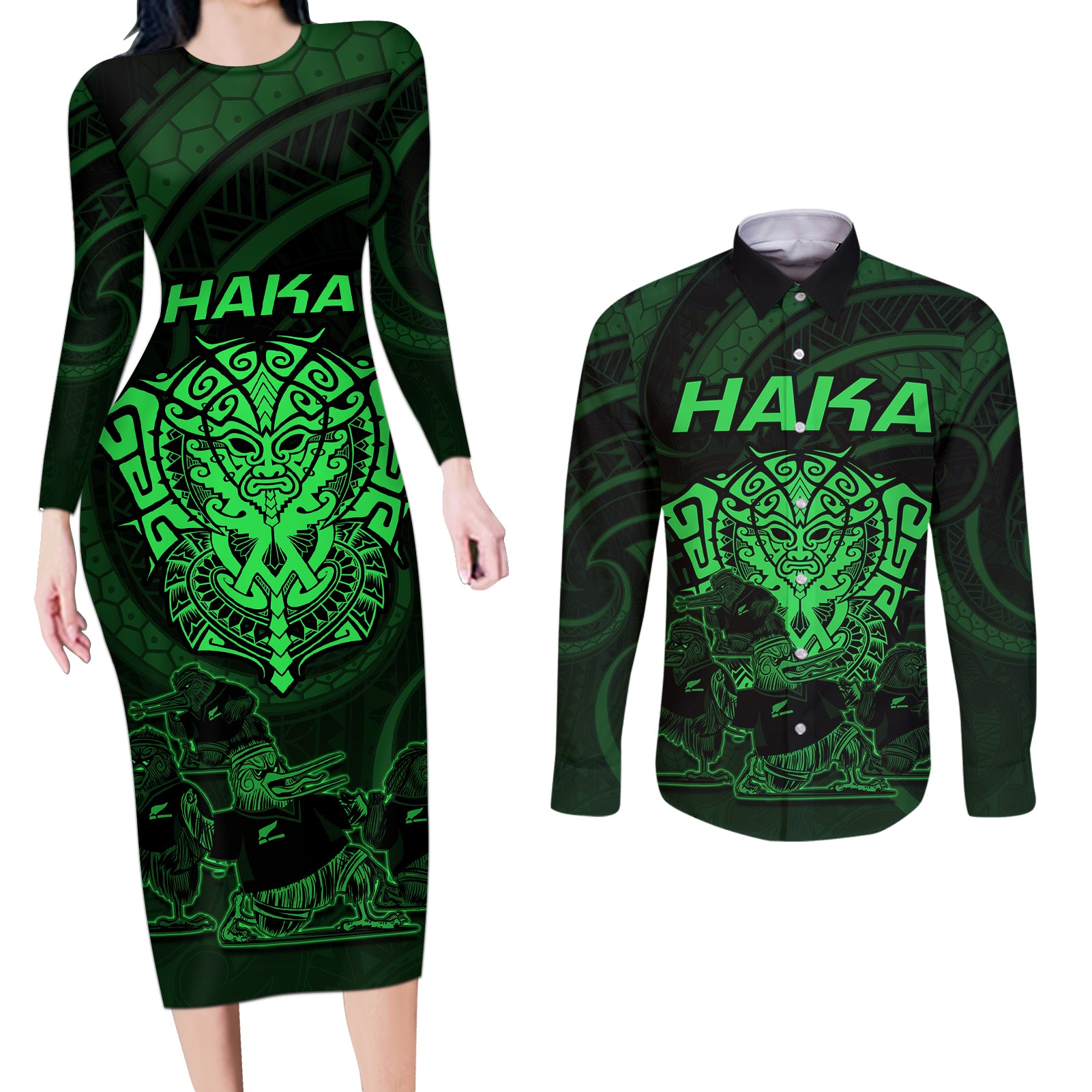 Personalised New Zealand Rugby Couples Matching Long Sleeve Bodycon Dress and Long Sleeve Button Shirts Aotearoa Ka Mate Haka All Black Mix Ta Moko Green Style LT9 Green - Polynesian Pride