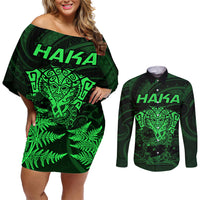 Personalised New Zealand Rugby Couples Matching Off Shoulder Short Dress and Long Sleeve Button Shirts Aotearoa Ka Mate Haka All Black Mix Ta Moko Green Style LT9 Green - Polynesian Pride