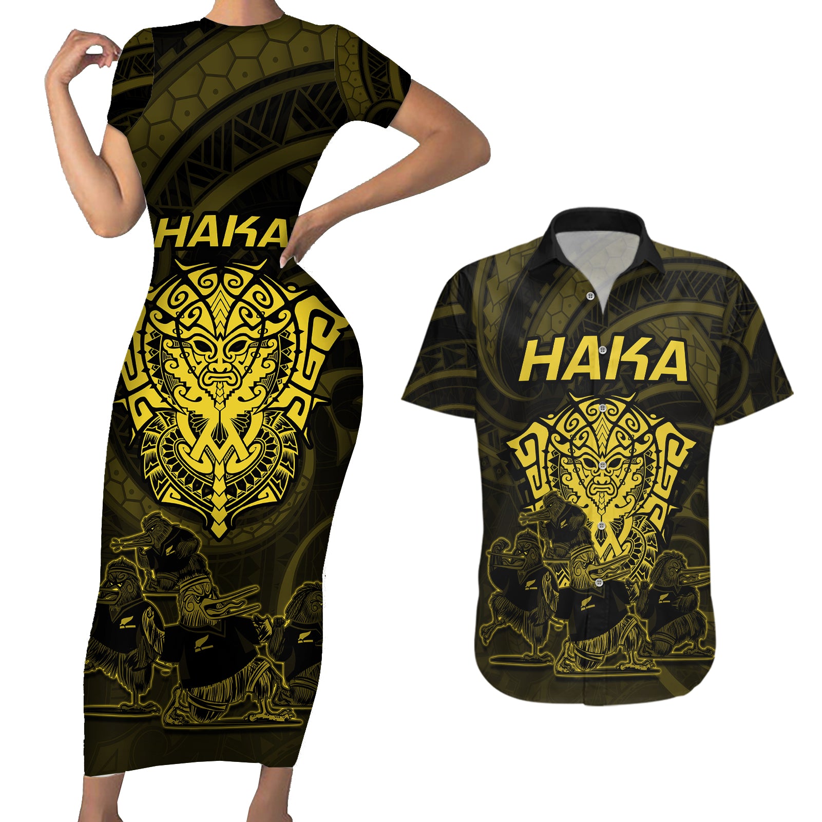 Personalised New Zealand Rugby Couples Matching Short Sleeve Bodycon Dress and Hawaiian Shirt Aotearoa Ka Mate Haka All Black Mix Ta Moko Gold Style LT9 Gold - Polynesian Pride