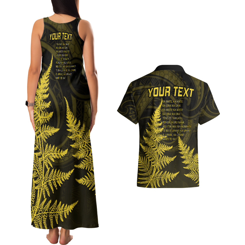 Personalised New Zealand Rugby Couples Matching Tank Maxi Dress and Hawaiian Shirt Aotearoa Ka Mate Haka All Black Mix Ta Moko Gold Style LT9 - Polynesian Pride
