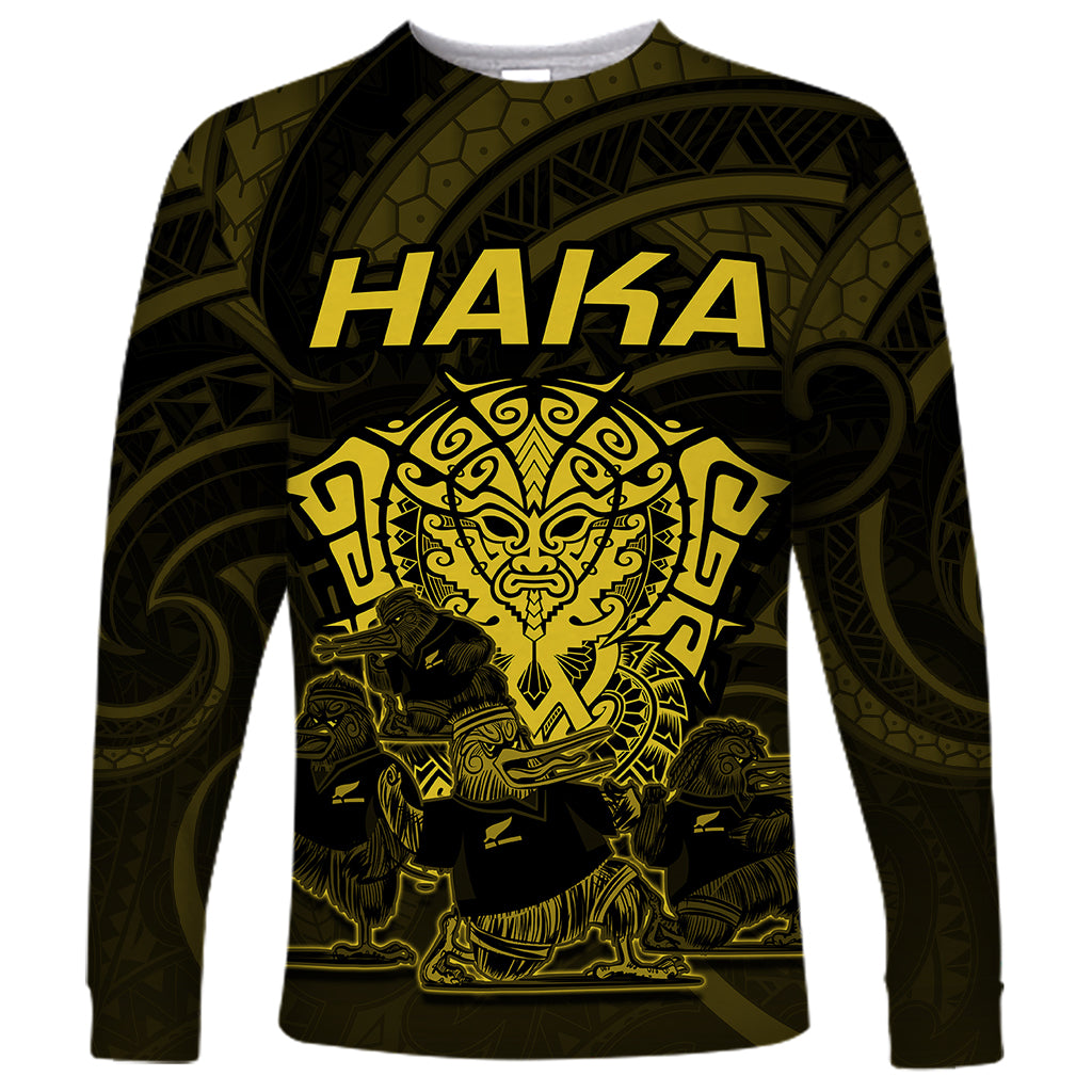 Personalised New Zealand Rugby Long Sleeve Shirt Aotearoa Ka Mate Haka All Black Mix Ta Moko Gold Style LT9 Unisex Gold - Polynesian Pride