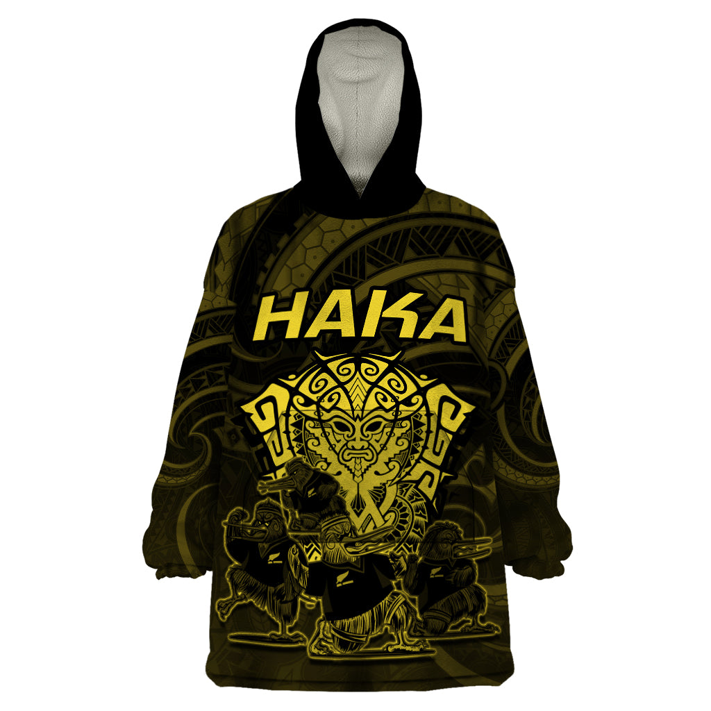 Personalised New Zealand Rugby Wearable Blanket Hoodie Aotearoa Ka Mate Haka All Black Mix Ta Moko Gold Style LT9 One Size Gold - Polynesian Pride