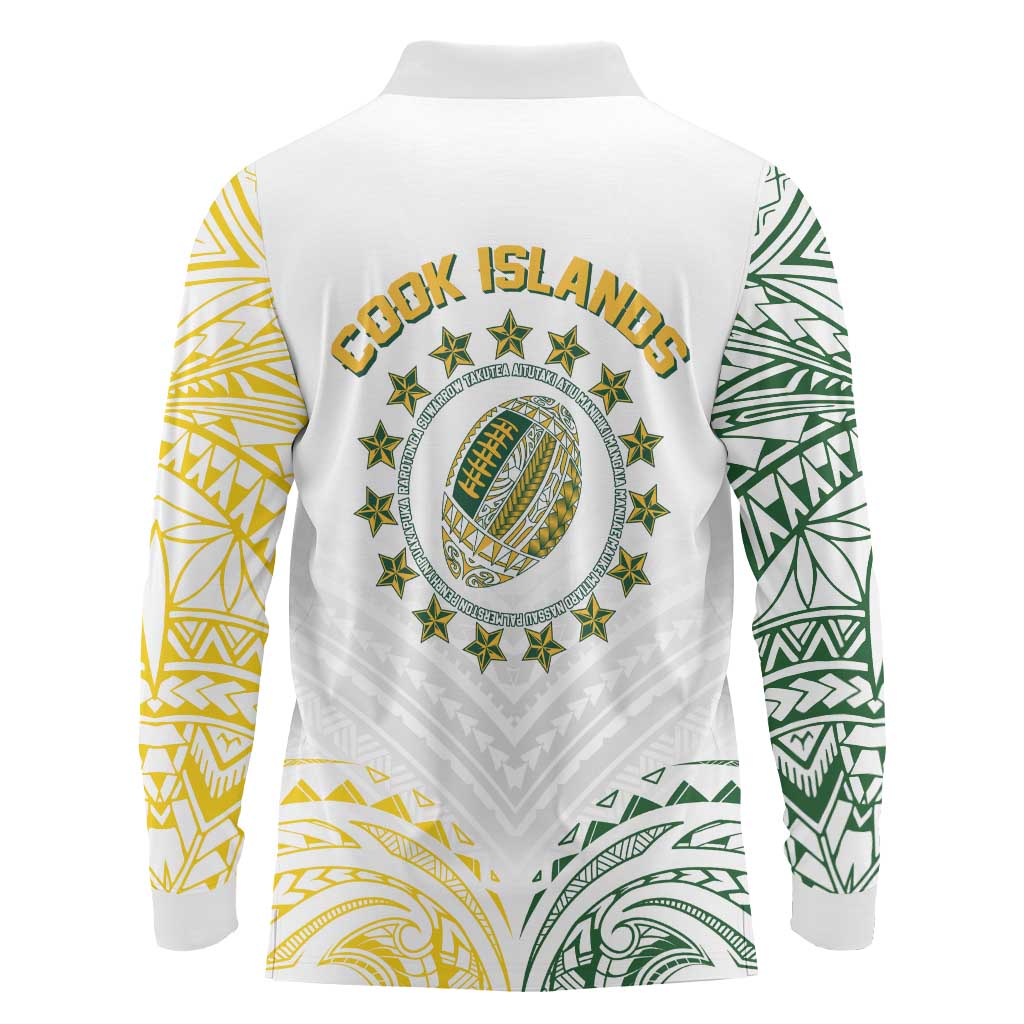 World Rugby Cook Islands Long Sleeve Polo Shirt White Polynesian Tribal Pattern - Polynesian Pride