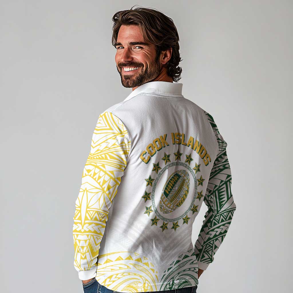 World Rugby Cook Islands Long Sleeve Polo Shirt White Polynesian Tribal Pattern - Polynesian Pride