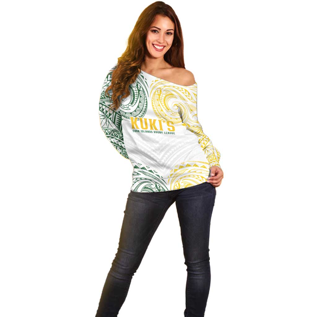 World Rugby Cook Islands Off Shoulder Sweater White Polynesian Tribal Pattern - Polynesian Pride