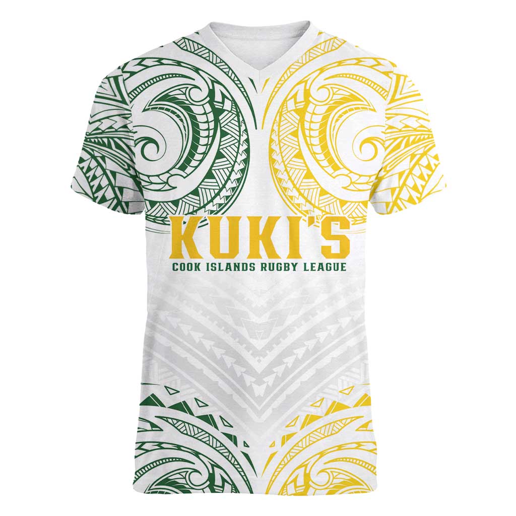 World Rugby Cook Islands Women V-Neck T-Shirt White Polynesian Tribal Pattern - Polynesian Pride