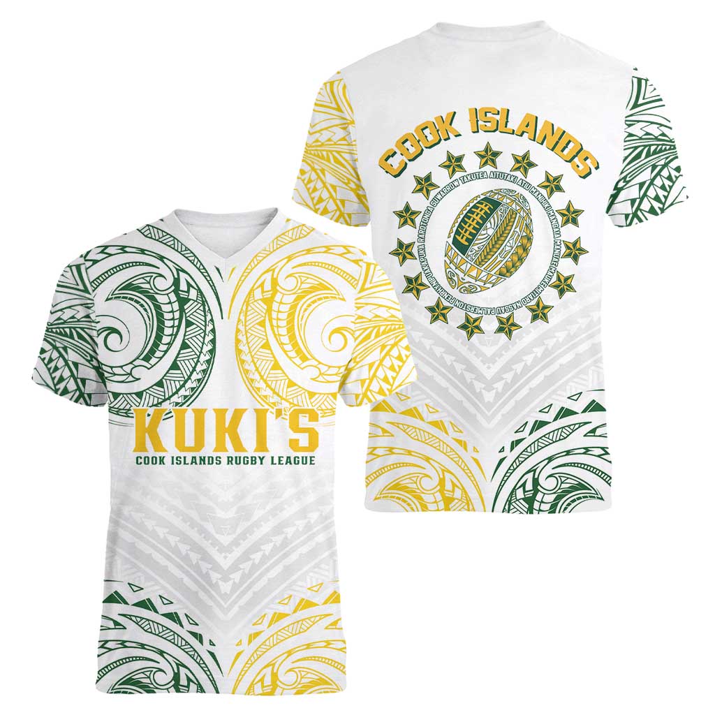 World Rugby Cook Islands Women V-Neck T-Shirt White Polynesian Tribal Pattern - Polynesian Pride