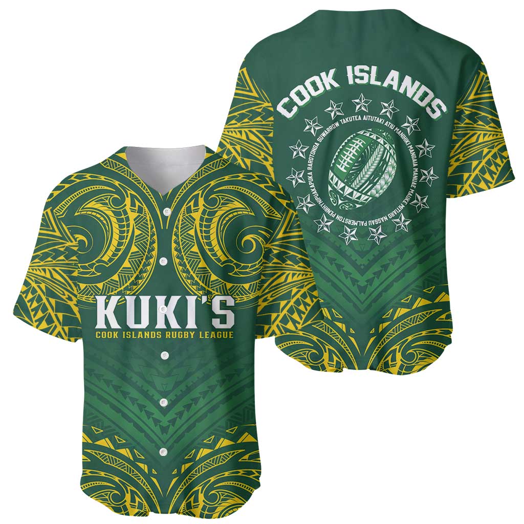 World Rugby Cook Islands Baseball Jersey Green Polynesian Tribal Pattern - Polynesian Pride