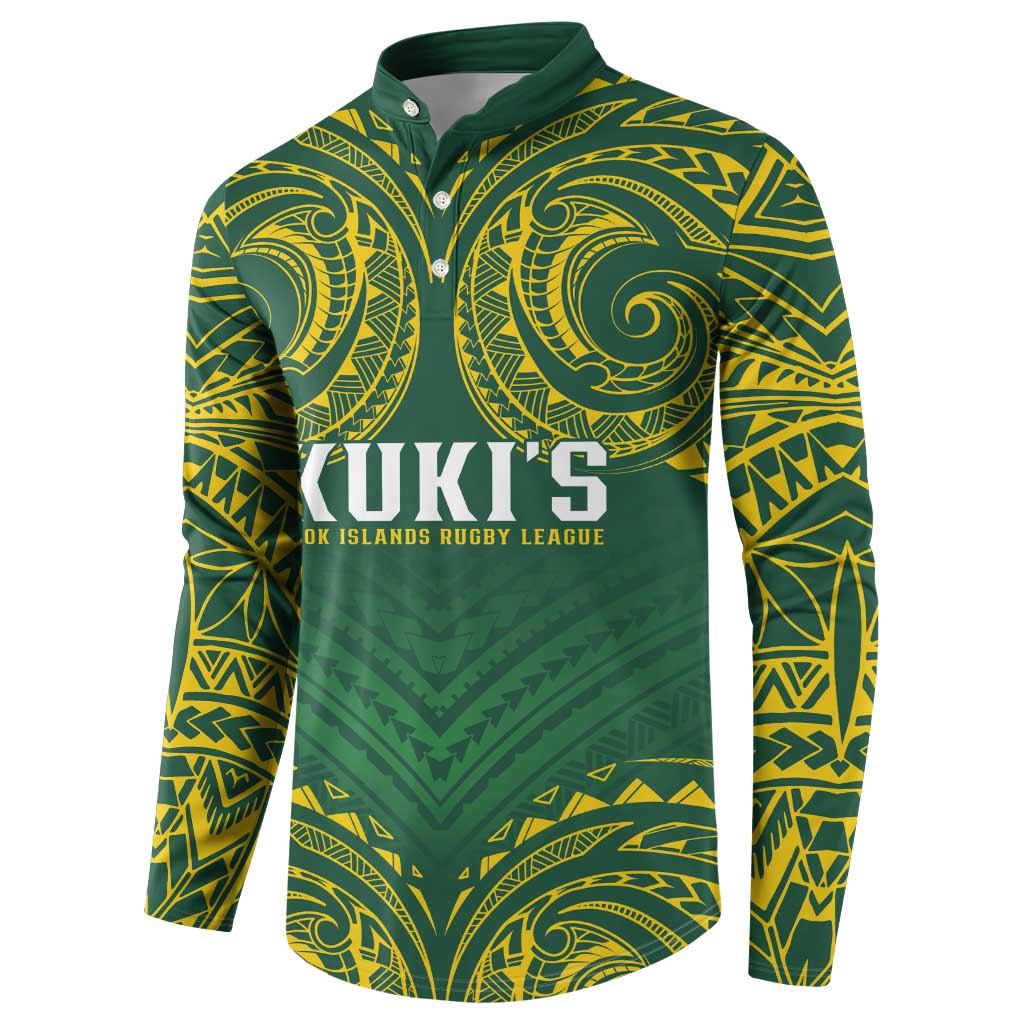 World Rugby Cook Islands Button Sweatshirt Green Polynesian Tribal Pattern - Polynesian Pride
