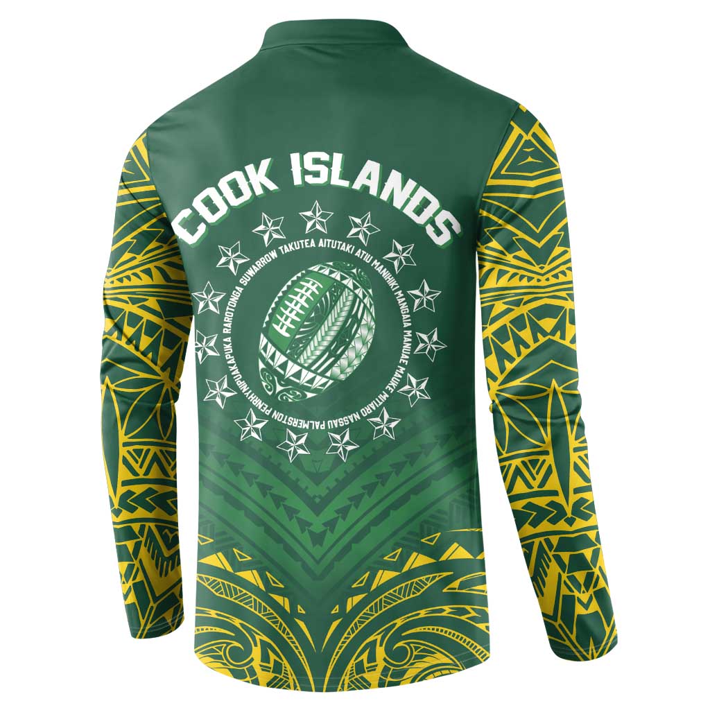 World Rugby Cook Islands Button Sweatshirt Green Polynesian Tribal Pattern - Polynesian Pride
