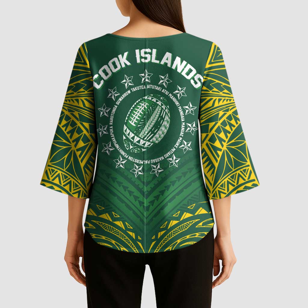 World Rugby Cook Islands Kimono Sleeve Blouse Green Polynesian Tribal Pattern - Polynesian Pride