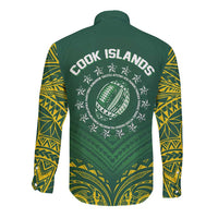 World Rugby Cook Islands Long Sleeve Button Shirt Green Polynesian Tribal Pattern - Polynesian Pride