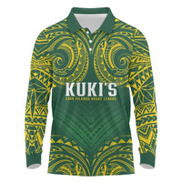 World Rugby Cook Islands Long Sleeve Polo Shirt Green Polynesian Tribal Pattern - Polynesian Pride
