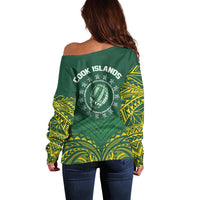 World Rugby Cook Islands Off Shoulder Sweater Green Polynesian Tribal Pattern - Polynesian Pride