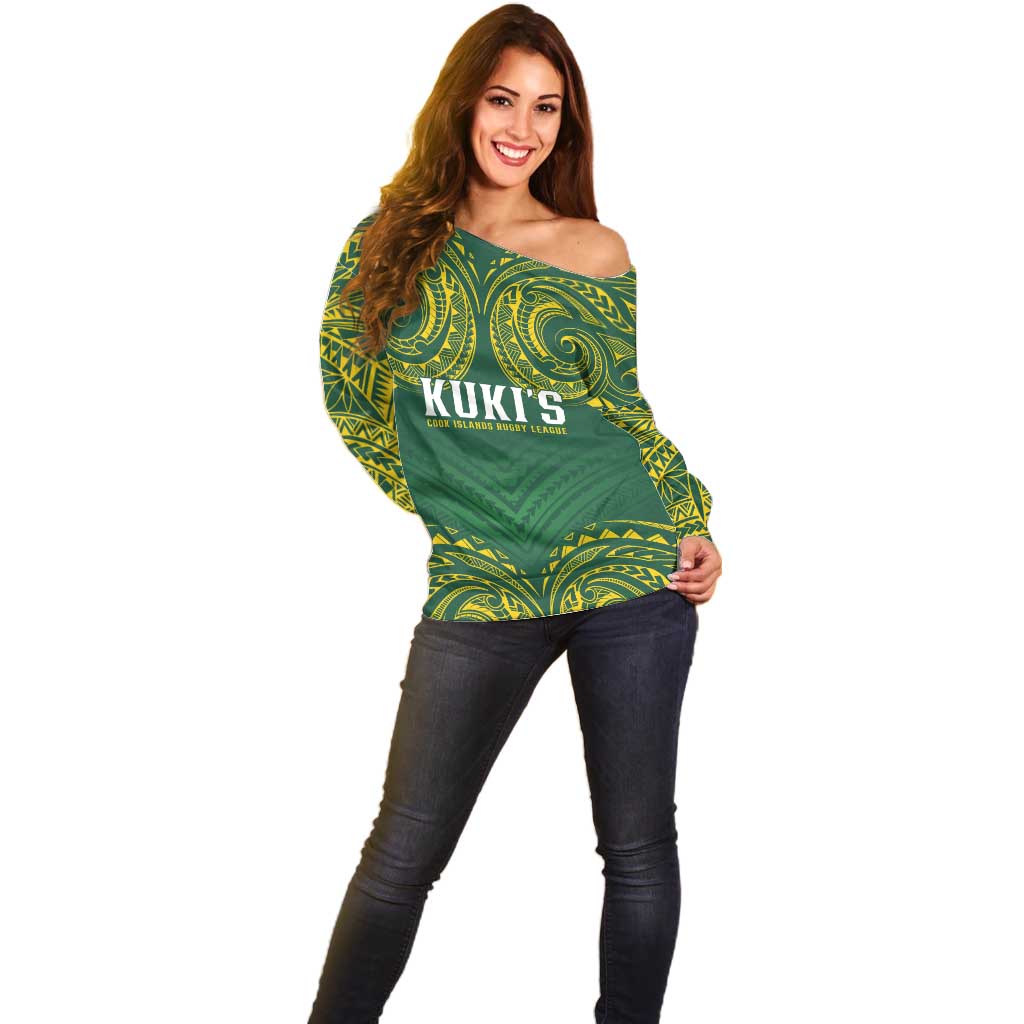 World Rugby Cook Islands Off Shoulder Sweater Green Polynesian Tribal Pattern - Polynesian Pride