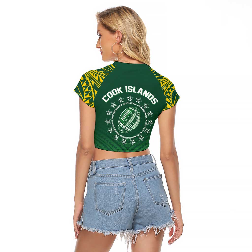 World Rugby Cook Islands Raglan Cropped T Shirt Green Polynesian Tribal Pattern - Polynesian Pride
