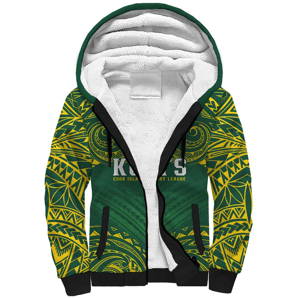 World Rugby Cook Islands Sherpa Hoodie Green Polynesian Tribal Pattern - Polynesian Pride