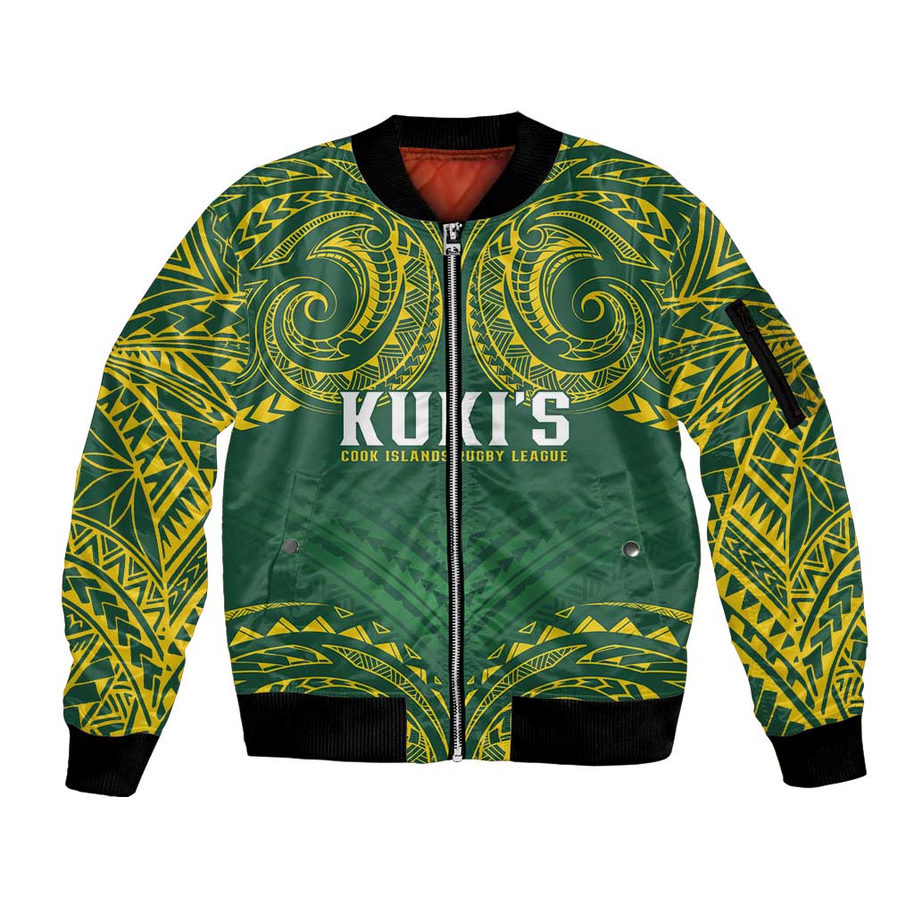 World Rugby Cook Islands Sleeve Zip Bomber Jacket Green Polynesian Tribal Pattern - Polynesian Pride