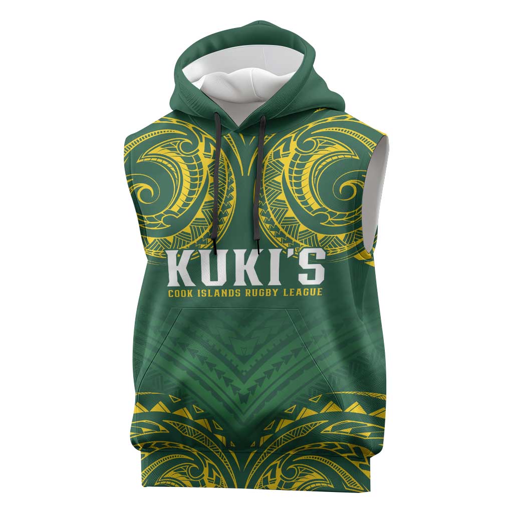 World Rugby Cook Islands Sleeveless Hoodie Green Polynesian Tribal Pattern - Polynesian Pride