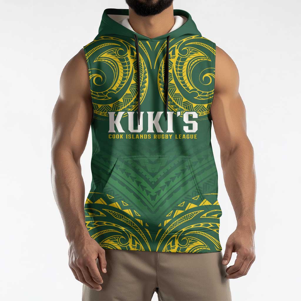 World Rugby Cook Islands Sleeveless Hoodie Green Polynesian Tribal Pattern - Polynesian Pride