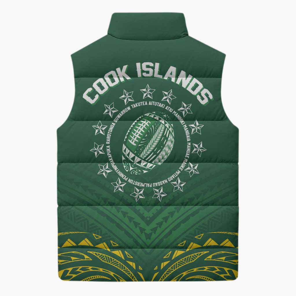 World Rugby Cook Islands Sleeveless Puffer Jacket Green Polynesian Tribal Pattern - Polynesian Pride