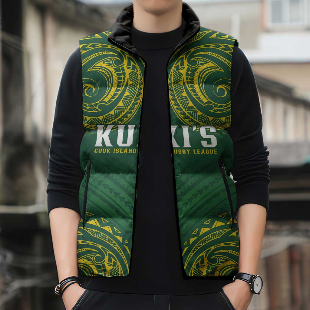 World Rugby Cook Islands Sleeveless Puffer Jacket Green Polynesian Tribal Pattern - Polynesian Pride