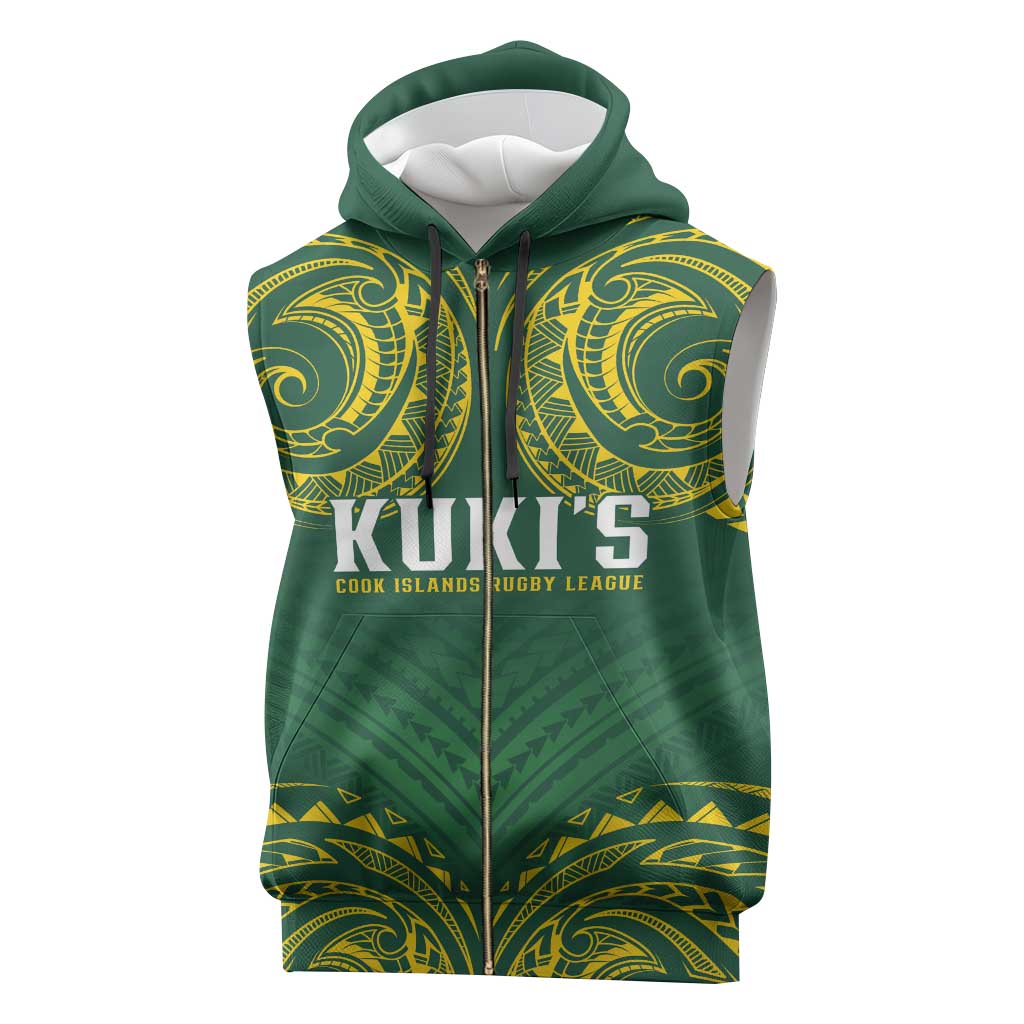 World Rugby Cook Islands Sleeveless Zip Hoodie Green Polynesian Tribal Pattern - Polynesian Pride