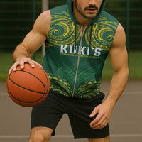 World Rugby Cook Islands Sleeveless Zip Hoodie Green Polynesian Tribal Pattern - Polynesian Pride