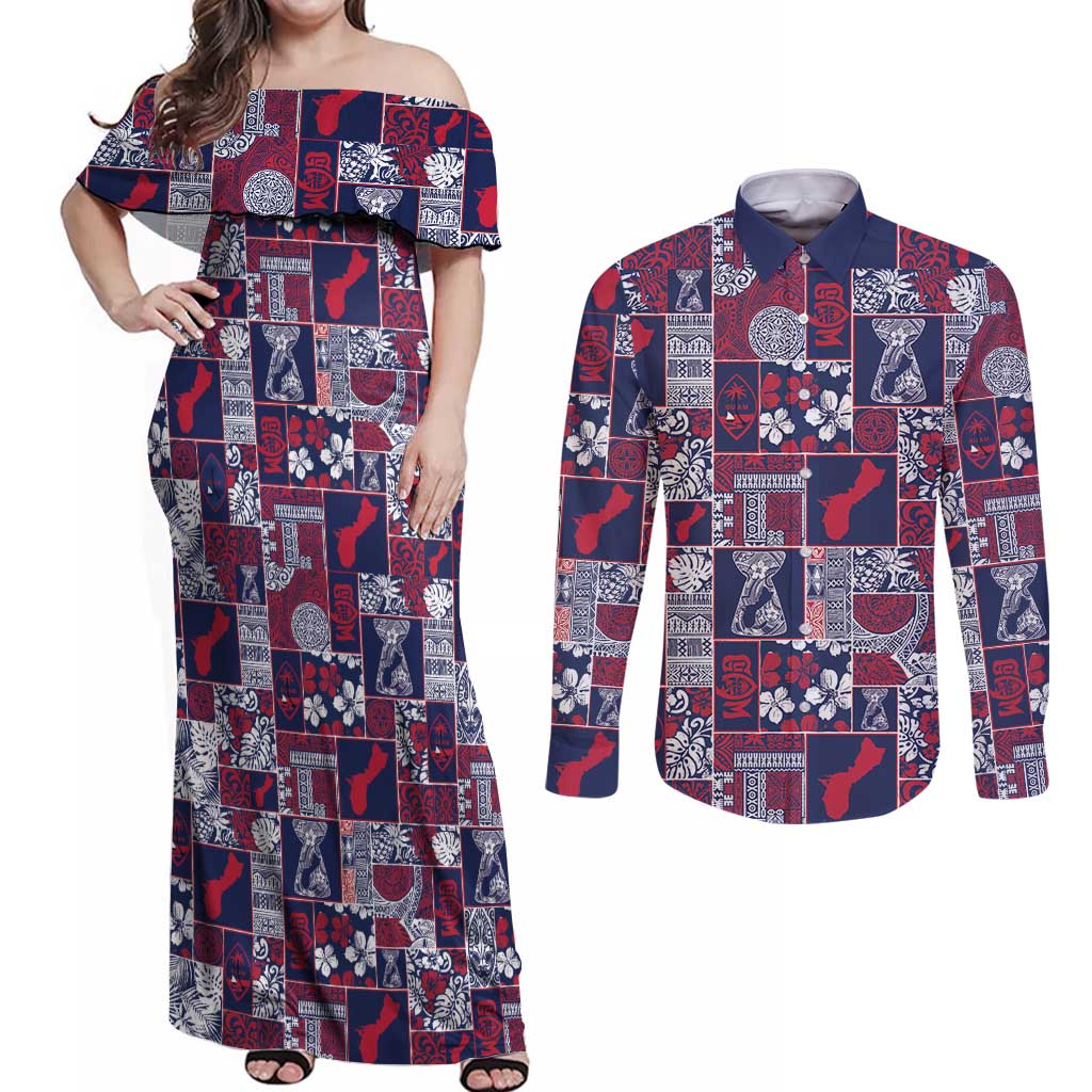 Guam Felis Pasgua Couples Matching Off Shoulder Maxi Dress and Long Sleeve Button Shirt Pacific Patchwork Xmas Vibes - Polynesian Pride