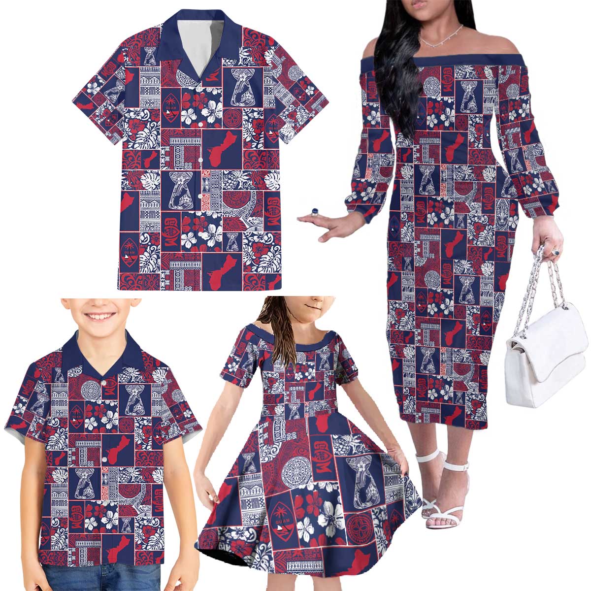 Guam Felis Pasgua Family Matching Off The Shoulder Long Sleeve Dress and Hawaiian Shirt Pacific Patchwork Xmas Vibes - Polynesian Pride