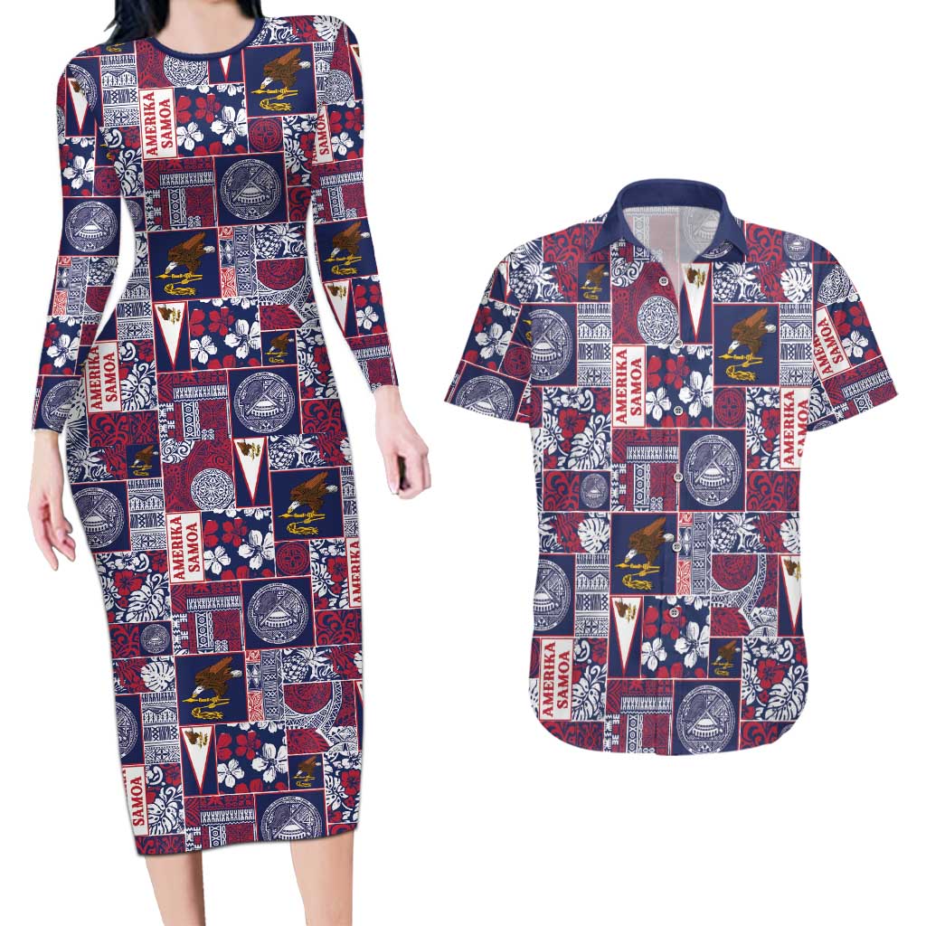 Manuia le Kerisimasi American Samoa Couples Matching Long Sleeve Bodycon Dress and Hawaiian Shirt Pacific Patchwork Xmas Vibes - Polynesian Pride