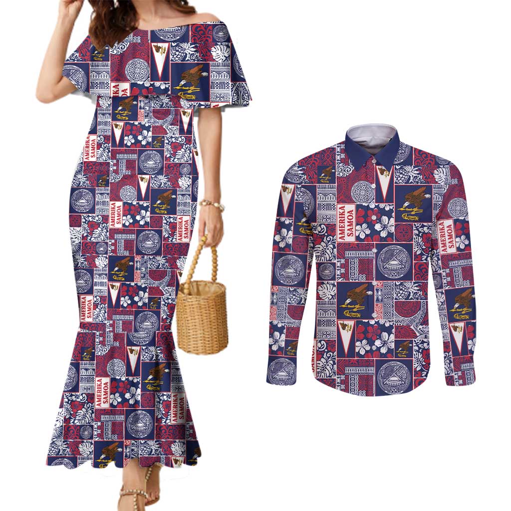 Manuia le Kerisimasi American Samoa Couples Matching Mermaid Dress and Long Sleeve Button Shirt Pacific Patchwork Xmas Vibes - Polynesian Pride