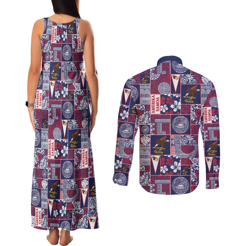 Manuia le Kerisimasi American Samoa Couples Matching Tank Maxi Dress and Long Sleeve Button Shirt Pacific Patchwork Xmas Vibes - Polynesian Pride