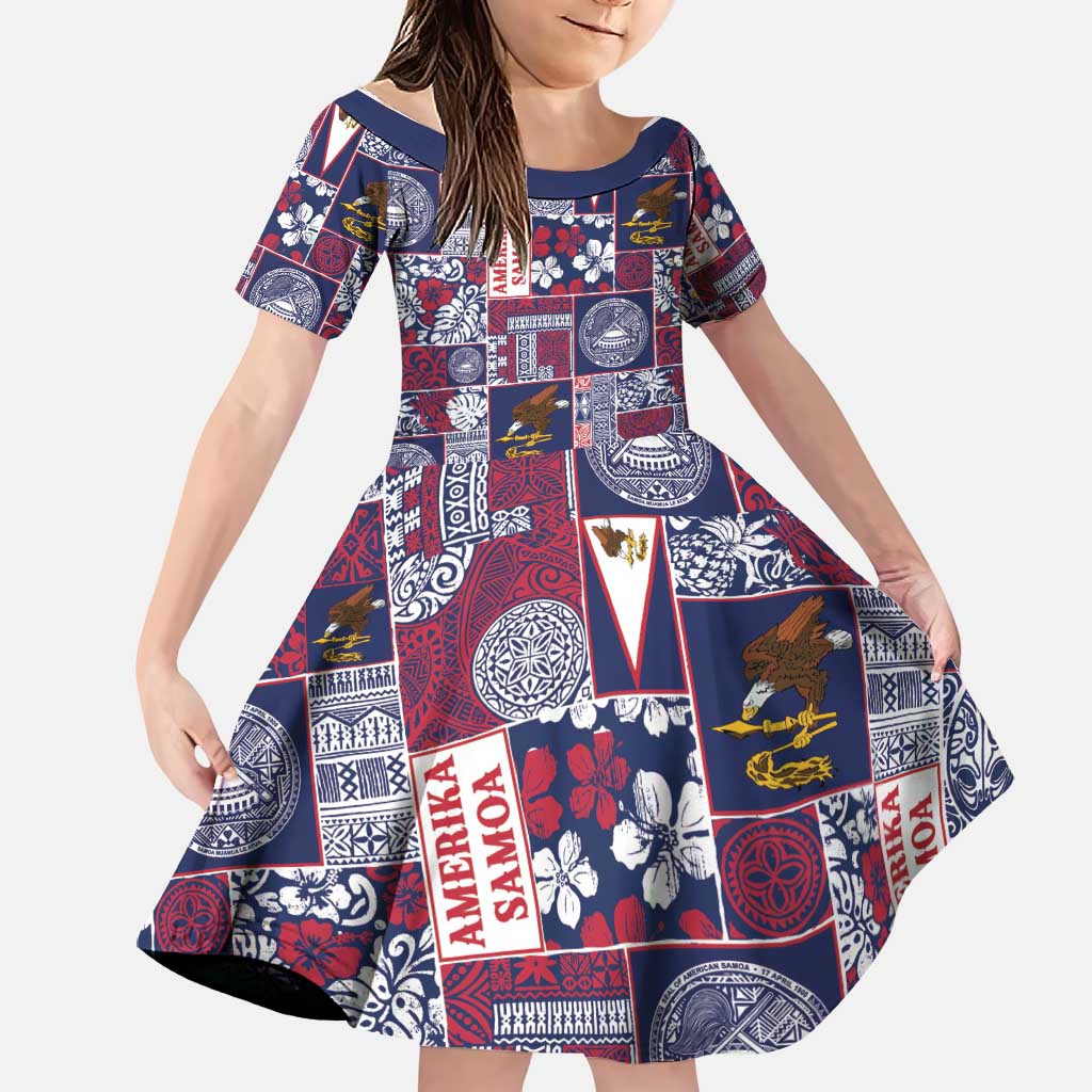 Manuia le Kerisimasi American Samoa Family Matching Off The Shoulder Long Sleeve Dress and Hawaiian Shirt Pacific Patchwork Xmas Vibes LT9 Daughter's Dress Blue - Polynesian Pride