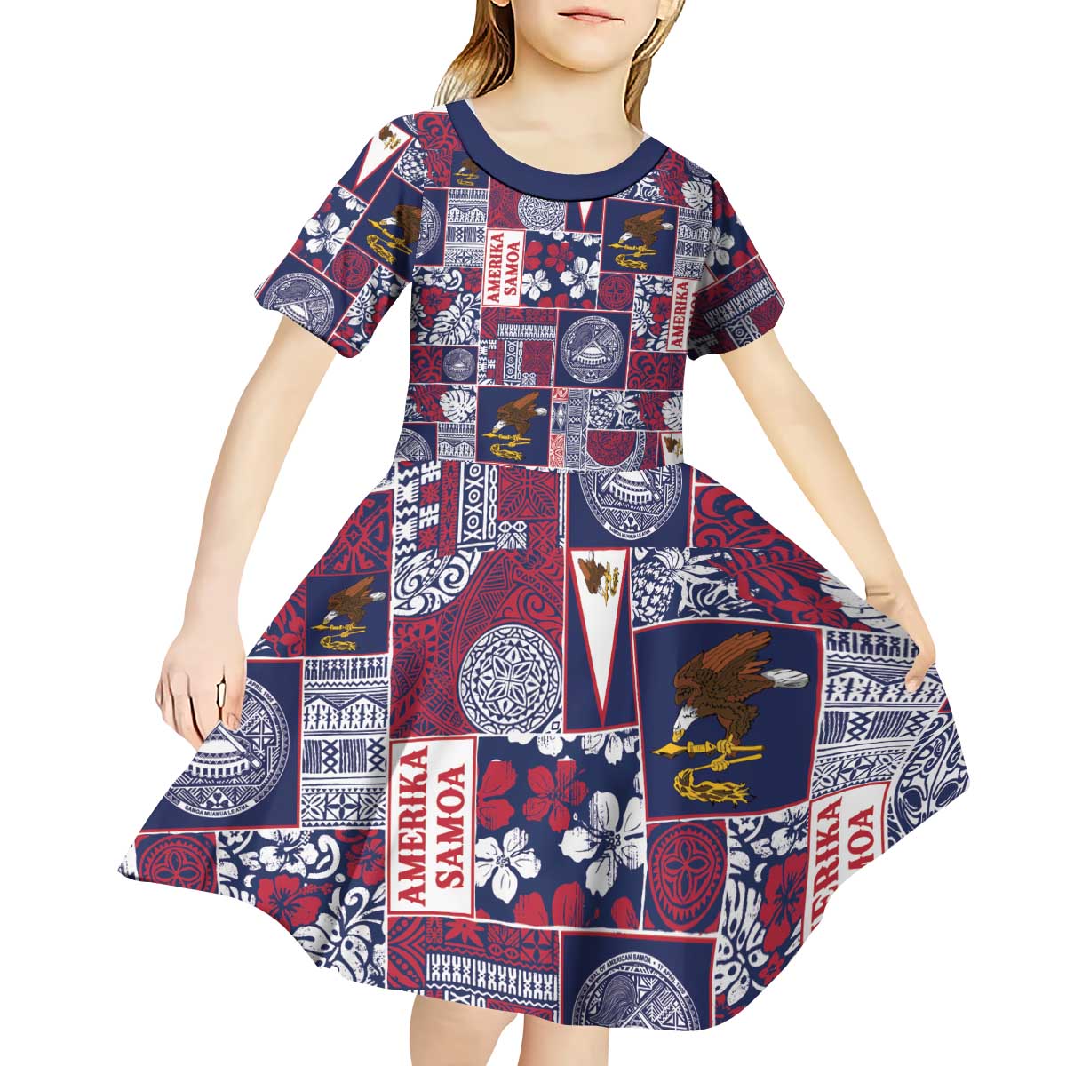 Manuia le Kerisimasi American Samoa Kid Short Sleeve Dress Pacific Patchwork Xmas Vibes - Polynesian Pride