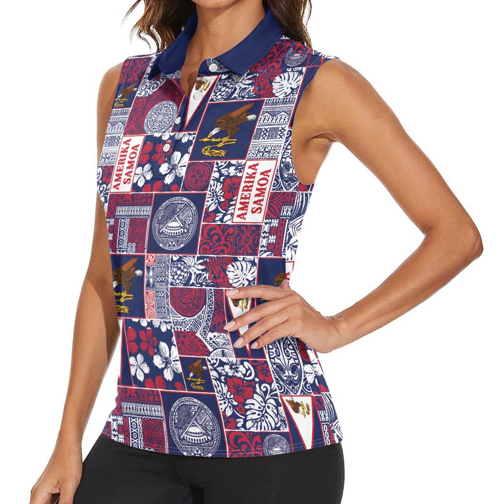 Manuia le Kerisimasi American Samoa Women Sleeveless Polo Shirt Pacific Patchwork Xmas Vibes - Polynesian Pride