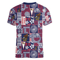 Manuia le Kerisimasi American Samoa Women V-Neck T-Shirt Pacific Patchwork Xmas Vibes - Polynesian Pride