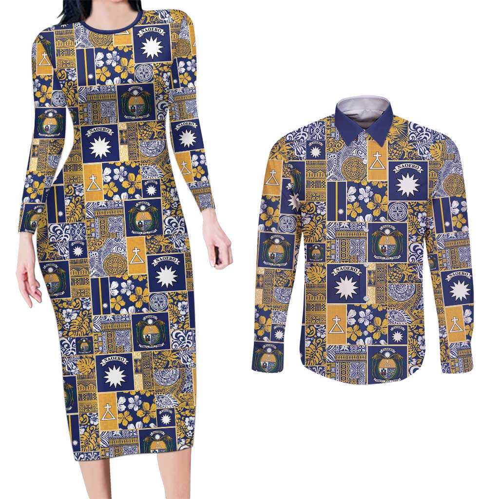 Ekamawir omo Nauru Couples Matching Long Sleeve Bodycon Dress and Long Sleeve Button Shirt Pacific Patchwork Xmas Vibes - Polynesian Pride