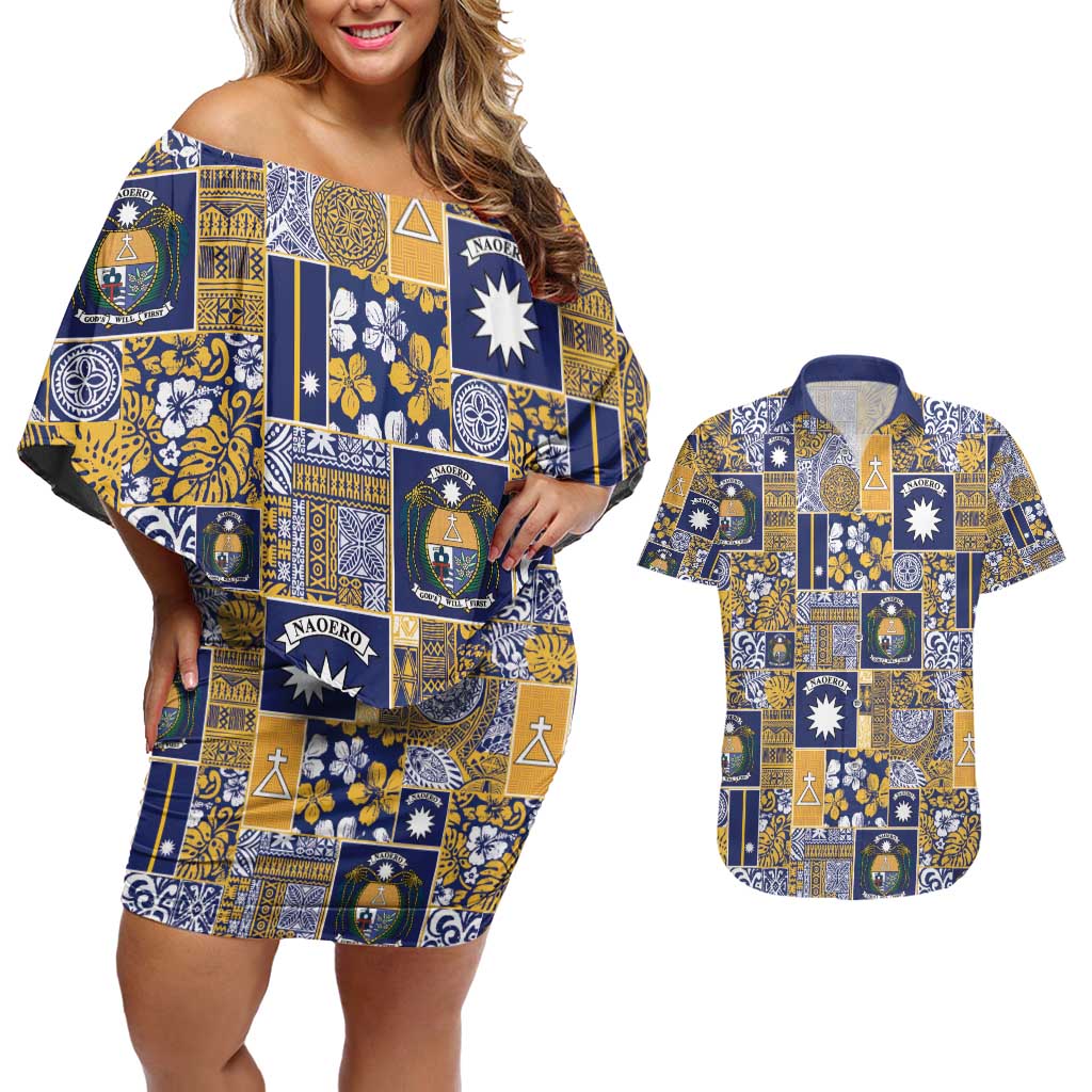Ekamawir omo Nauru Couples Matching Off Shoulder Short Dress and Hawaiian Shirt Pacific Patchwork Xmas Vibes - Polynesian Pride