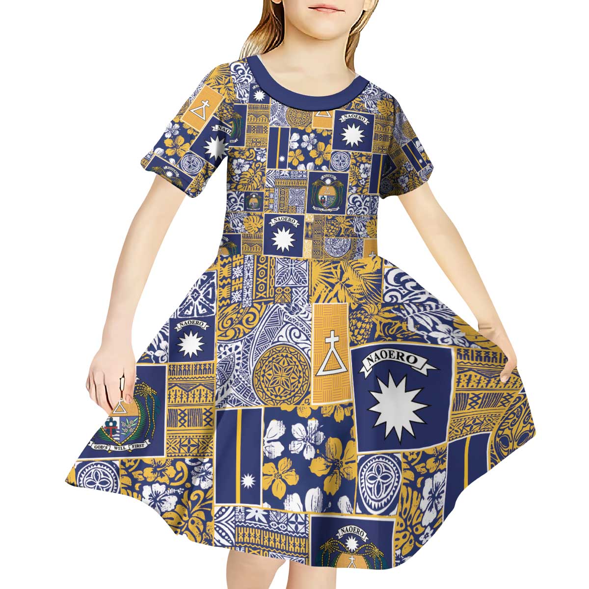 Ekamawir omo Nauru Kid Short Sleeve Dress Pacific Patchwork Xmas Vibes - Polynesian Pride
