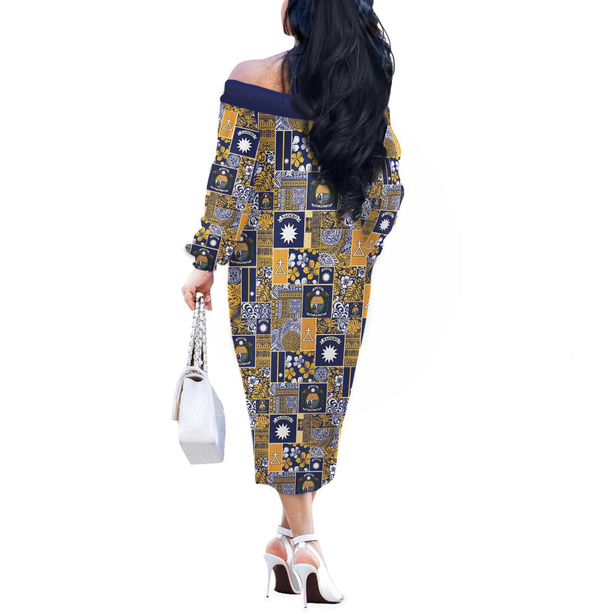 Ekamawir omo Nauru Off The Shoulder Long Sleeve Dress Pacific Patchwork Xmas Vibes - Polynesian Pride