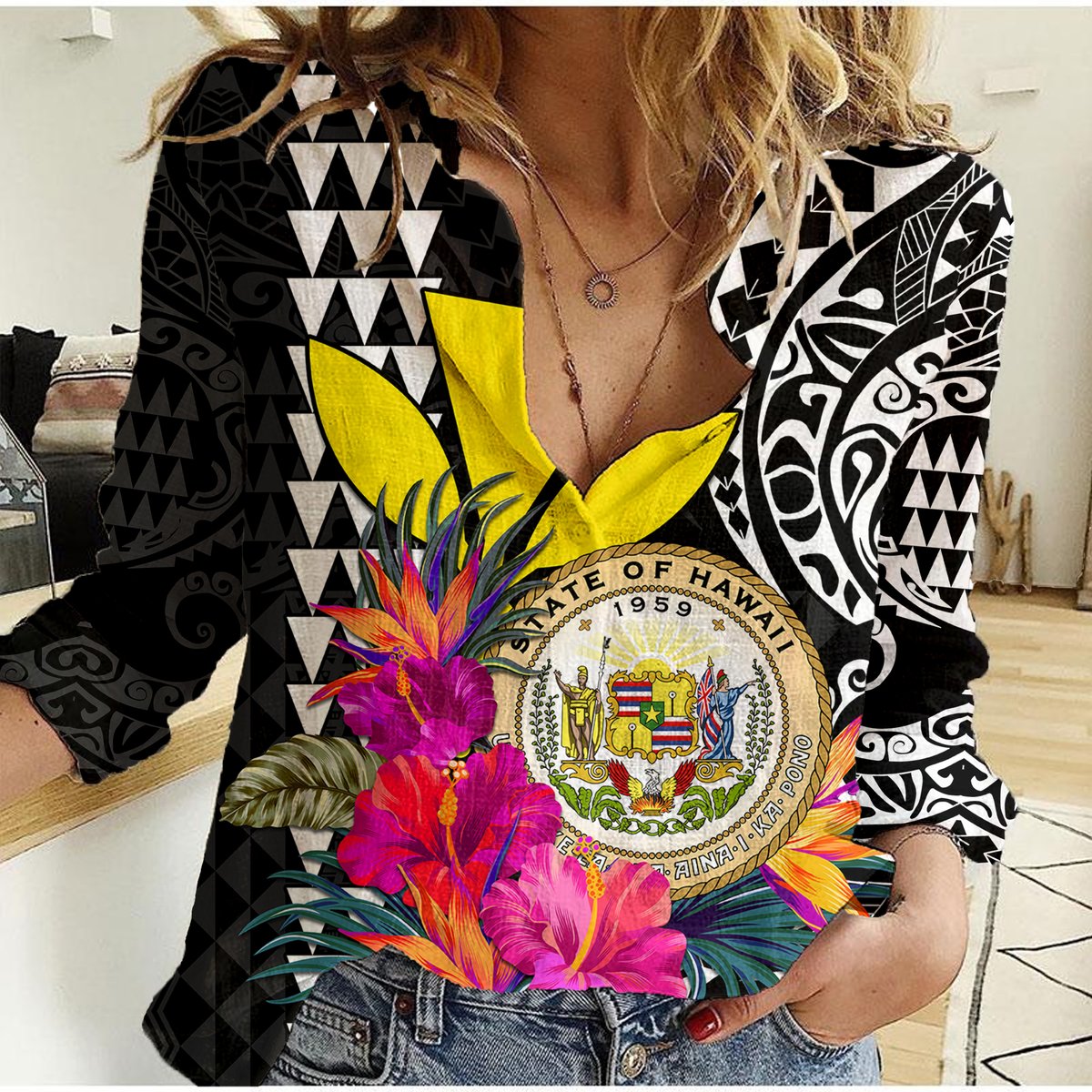 Kakau Tribal Hawaiian Kanaka Maoli Women Casual Shirt LT9 Female Black - Polynesian Pride