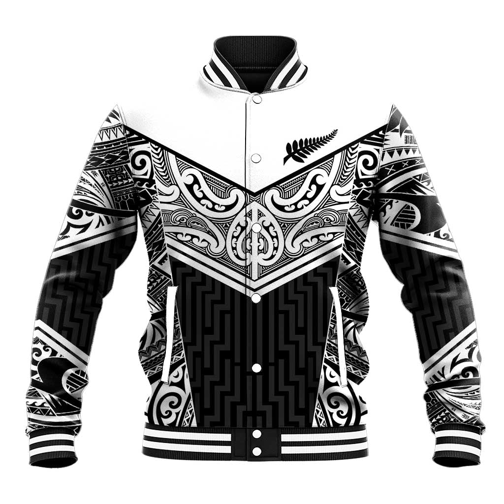 New Zealand Black Fern Custom Baseball Jacket Maori Tukutuku Black-white Motif LT9 Unisex White - Polynesian Pride