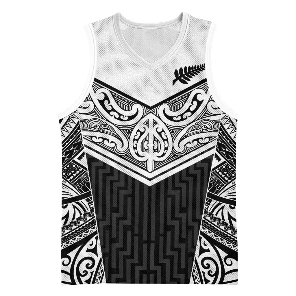 New Zealand Black Fern Custom Basketball Jersey Maori Tukutuku Black-white Motif LT9 Unisex White - Polynesian Pride