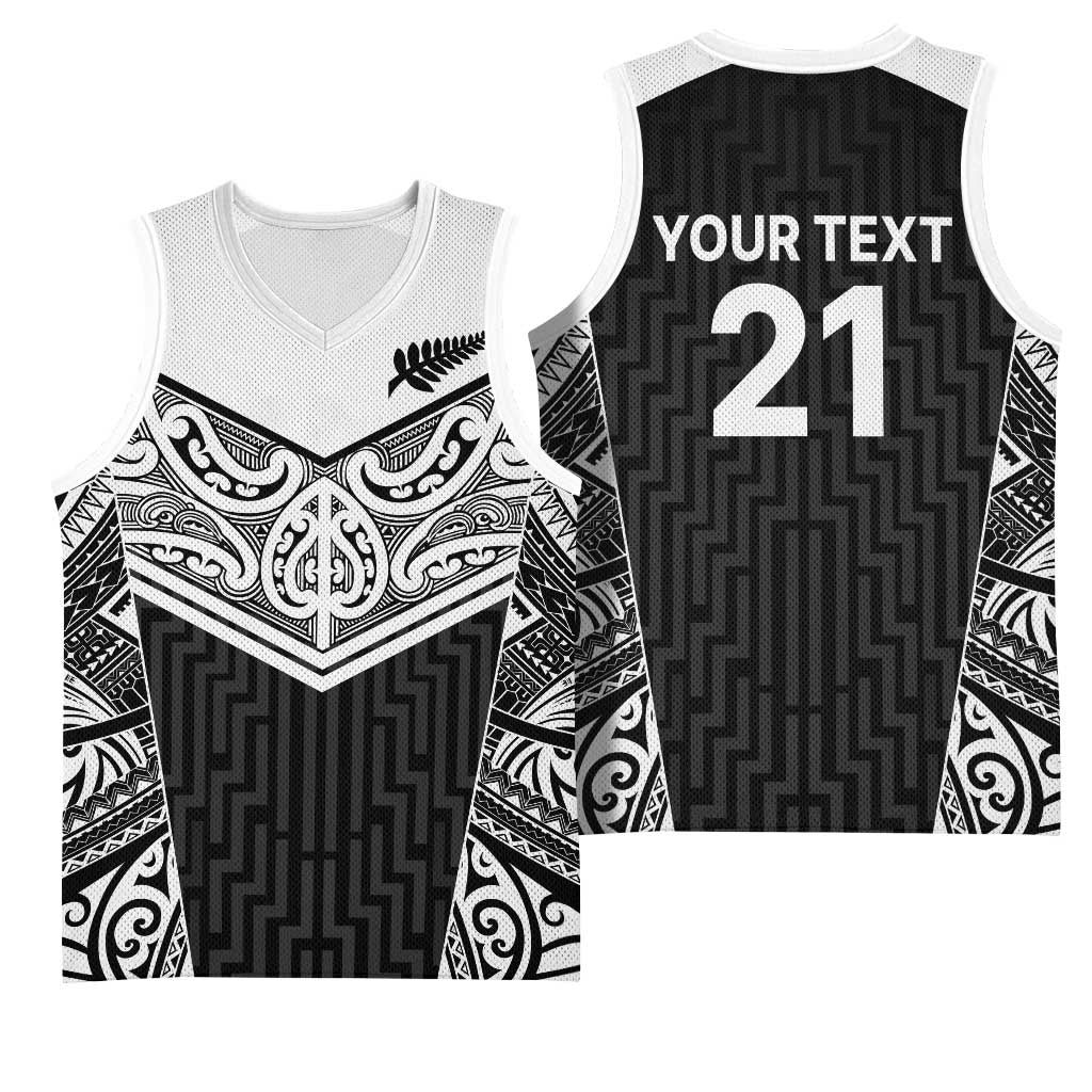 New Zealand Black Fern Custom Basketball Jersey Maori Tukutuku Black-white Motif LT9 - Polynesian Pride
