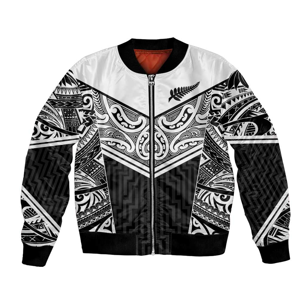New Zealand Black Fern Custom Bomber Jacket Maori Tukutuku Black-white Motif LT9 Unisex White - Polynesian Pride