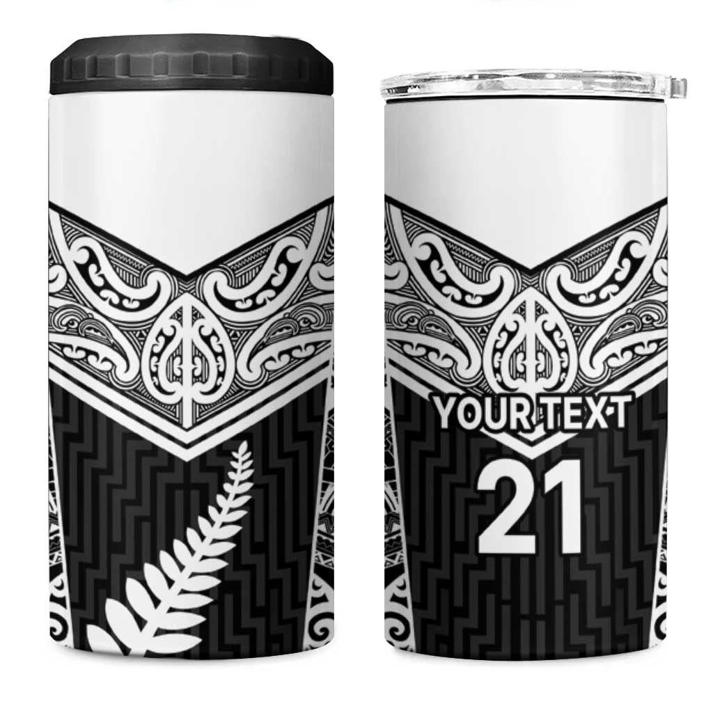 New Zealand Black Fern Custom 4 in 1 Can Cooler Tumbler Maori Tukutuku Black-white Motif