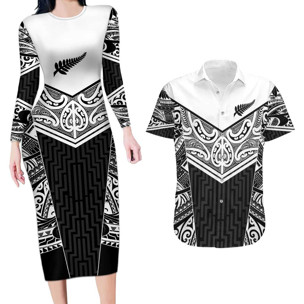 New Zealand Black Fern Custom Couples Matching Long Sleeve Bodycon Dress and Hawaiian Shirt Maori Tukutuku Black-white Motif LT9 White - Polynesian Pride