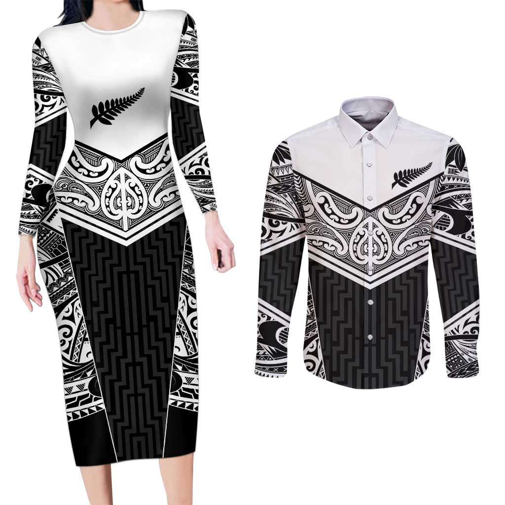 New Zealand Black Fern Custom Couples Matching Long Sleeve Bodycon Dress and Long Sleeve Button Shirt Maori Tukutuku Black-white Motif LT9 White - Polynesian Pride
